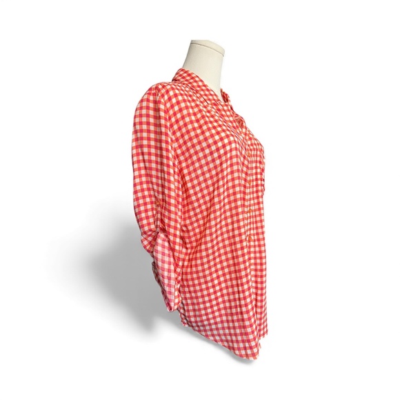 💖🧡 EUC GRAND & GREEN Pink & Orange Checkered Button-Down Blouse | Sz L - Picture 3 of 8
